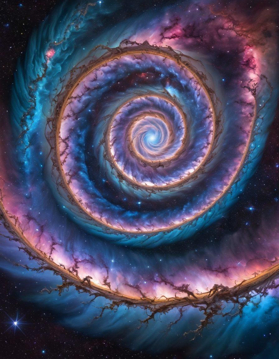 A breathtaking cosmic scene showcasing vibrant spiral structures within ethereal clouds, illuminated by radiant starlight. The spirals twist and swirl against a backdrop of deep space, with a spectrum of colors blending harmoniously. Include glimmers of distant galaxies and luminous stars to enhance the cosmic feel. The image should evoke a sense of wonder and movement, as if the structures are dancing through the universe. super-realistic. vibrant colors. cosmic landscape.