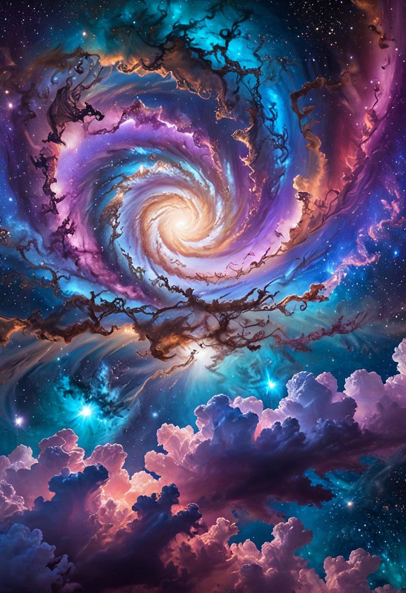 A breathtaking cosmic scene featuring swirling, colorful clouds resembling elegant helix structures, illuminated by distant stars. The clouds should exhibit a mesmerizing blend of purples, blues, and pinks, with intricate patterns and glowing accents. Capture a sense of depth and mystery in the vastness of space, inviting viewers to lose themselves in the beauty of the cosmos. super-realistic. vibrant colors. cosmic theme.