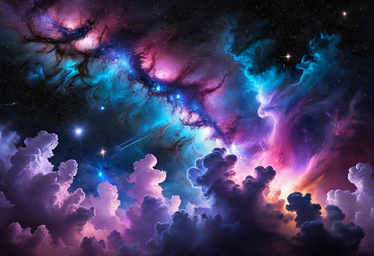 A breathtaking cosmic scene showcasing luminous stellar nurseries, with swirling clouds of colorful gases and forming stars in the background. Incorporate sparkling celestial elements like shooting stars and glowing nebulae, interspersed with dark voids of space for depth. A vivid spectrum of blues, purples, and pinks should dominate the palette, enhancing the ethereal beauty of the universe. Include a subtle outline of distant galaxies. super-realistic. vibrant colors. black background.